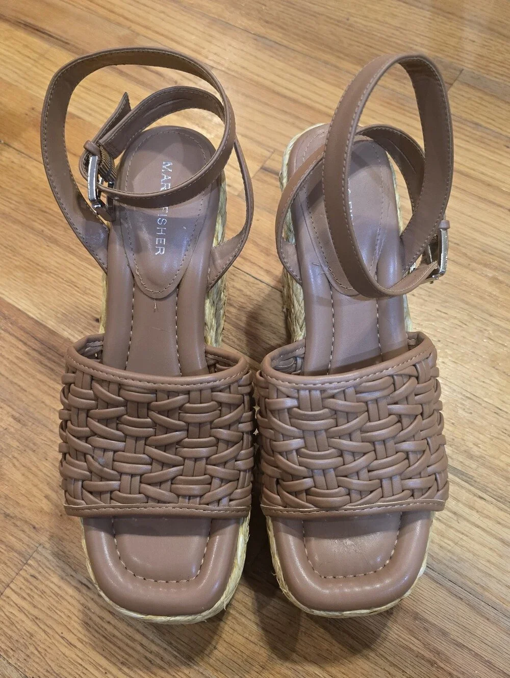 Marc Fisher Godina Brown Faux Leather Wedge Espadrilles Size 10